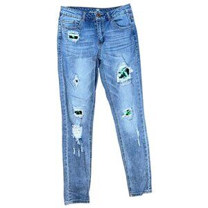 Almost Famous Sequin Patched Distressed Skinny Jeans Size 7